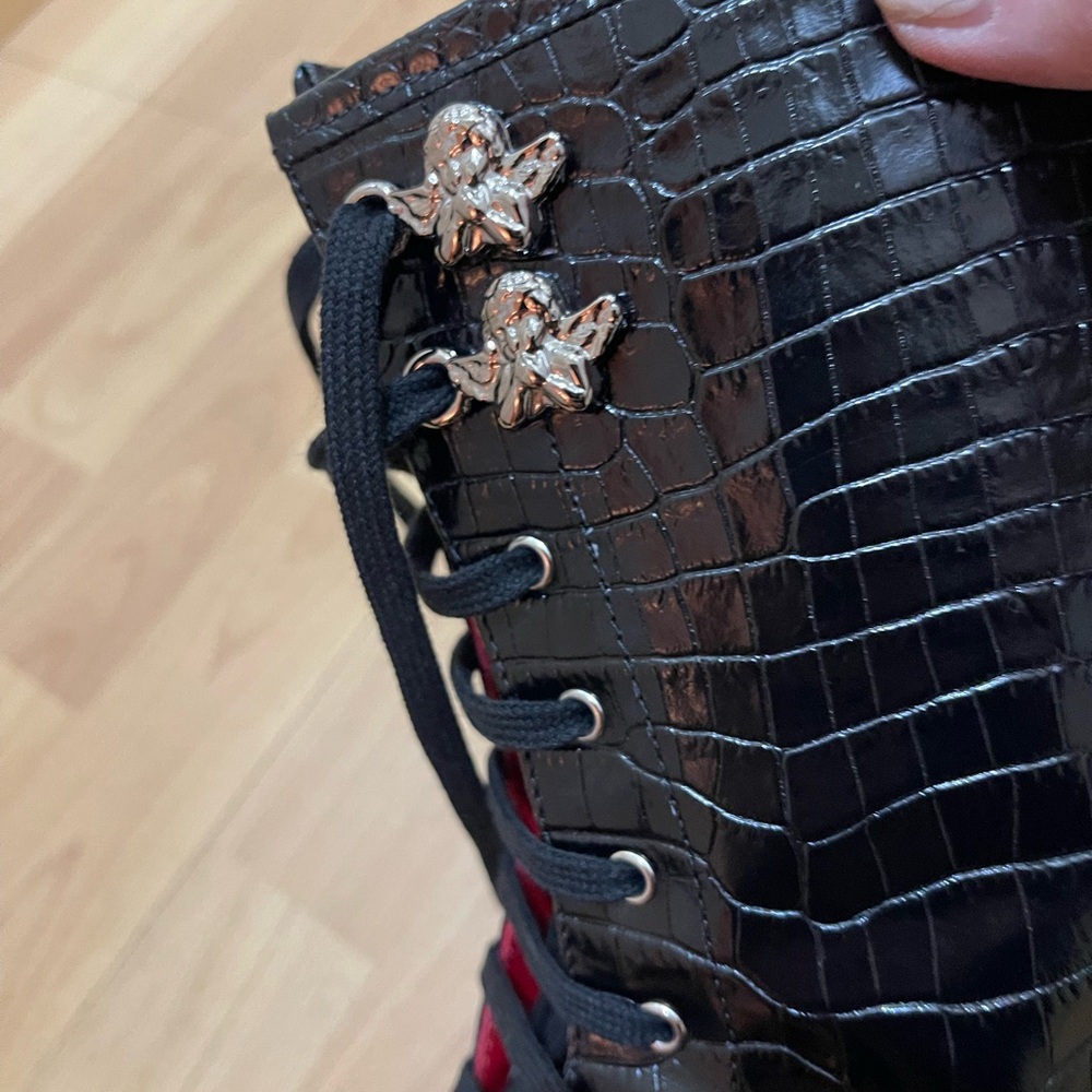 Stunning Black Crocodile Pattern Women's Combat Boots with Red Accents. - Picture 5 of 11